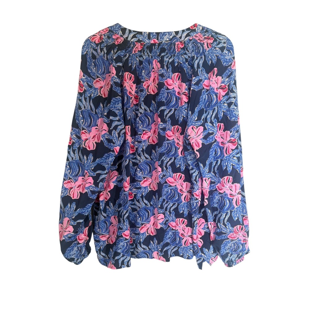 Lilly Pulitzer Elsa 100% Silk Blouse Top XXL Low Tide Navy Colorful Tropical - Picture 3 of 12